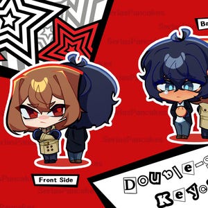 Op de afbeelding: Dubbelzijdige sleutelhanger met twee anime-personages. De voorkant toont een personage met bruin haar en rode ogen, dat een bruine jas draagt. De achterkant toont een personage met blauw haar en blauwe ogen, dat een blauw jack en een bruine jas draagt.