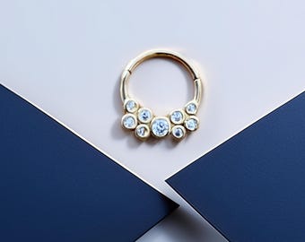 14K Gold Cluster Gem Piercing – Dainty Multi-Stone Nose, Septum & Cartilage Hoop for Sensitive Skin