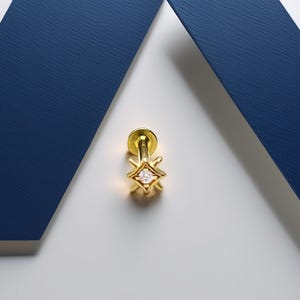 14K Solid Gold Bezel Solitaire Ear Stud – Flat Screw Back for Tragus & Cartilage with CZ Accent