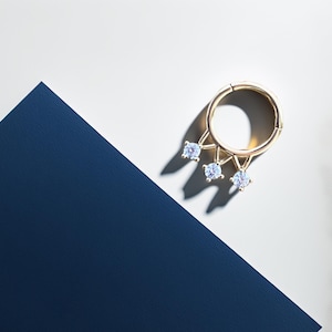 14K Gold CZ Triple Stone Hoop Piercing, Dainty Septum or Cartilage Ring, Sparkling Helix Nose Hoop