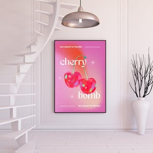 Cherry Bomb Cherries Poster Girly Wall Art Print, Digital Download Cute Fun Poster Pink Aesthetic Decor College Bedroom Bathroom Funky Decor