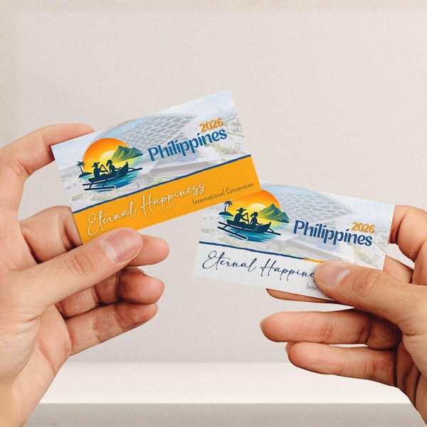May include: Two rectangular cards featuring a graphic of a boat with two people, a sunset, and palm trees. The text reads Philippines 2026 and Eternal Happiness International Convention. The design includes a yellow horizontal band and a white background.