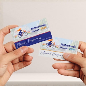 Puede incluir: Dos tarjetas rectangulares con el gráfico de una persona en bicicleta con una cesta de flores. El texto dice Netherlands Utrecht - 2026 y Eternal Happiness International Convention en azul y naranja sobre un fondo claro.