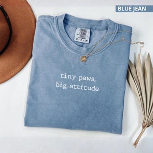 May include: A blue jean Comfort Colors t-shirt with the text "tiny paws, big attitude" in white. A gold necklace with a pendant is draped across the shirt. A brown hat and dried plant are in the background.
