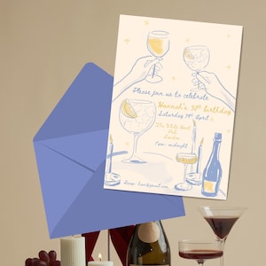 Celebration Drinks Invitation Hand-Painted Party Template, Editable Canva Design for 30th, 40th, 50th Birthday, Hand-Drawn Digital Download