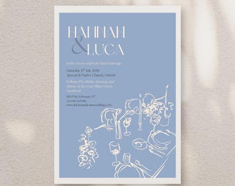 Puede incluir: Invitación de boda con fondo azul claro y borde blanco. La invitación presenta los nombres "HANNAH & LUCA" en una fuente estilizada. Debajo de los nombres está la información de la boda, incluyendo la fecha, hora y lugar. Un dibujo lineal de una mesa está en la parte inferior.