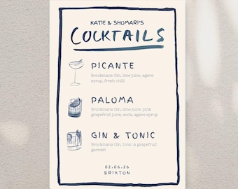 Puede incluir: Un menú de cócteles crema con un borde azul marino. La palabra "COCKTAILS" está escrita en una fuente estilizada. El menú detalla tres cócteles: Picante, Paloma y Gin & Tonic, con sus ingredientes. La fecha 02.06.26 y la ubicación BRIXTON también están incluidas.