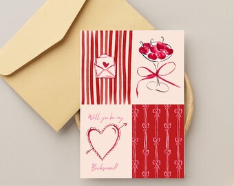 Puede incluir: Una tarjeta de felicitación con cuatro ilustraciones en acuarela en rojo y rosa. La tarjeta presenta un patrón de rayas, cerezas en un vaso, un corazón con una flecha y un patrón de lazo. El texto en la tarjeta dice "Will you be my Bridesmaid?" Un sobre está en el fondo.