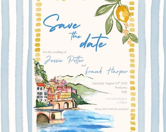 Puede incluir: Tarjeta de guardar la fecha con una ilustración de acuarela de un pueblo italiano colorido, un limonero y el texto "Save the date" en escritura azul. La tarjeta anuncia la boda de Jessie Potter y Frank Harper el sábado 30 de agosto de 2025 en Positano, Italia.