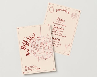 Puede incluir: Una invitación roja y blanca para una despedida de soltera con una ilustración de bola de discoteca y el texto "Beth's Hen Party!" y "Manchester, 30 May - 1 Jun". La parte posterior de la invitación enumera las actividades del fin de semana: "Viernes: llegadas, cena y juegos. Sábado: brunch con alcohol, elaboración de sushi, cena e invitado sorpresa. Domingo: manicuras, brunch tardío, tiempo libre."