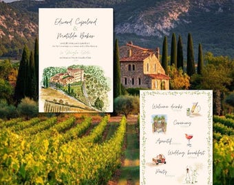 Puede incluir: Tarjetas de invitación y programa de boda con ilustraciones en acuarela. La invitación presenta los nombres "Edward Copeland & Matilda Baker" y un dibujo de una villa. La tarjeta del programa incluye ilustraciones para bebidas de bienvenida, ceremonia, aperitivo, desayuno de boda y fiesta.