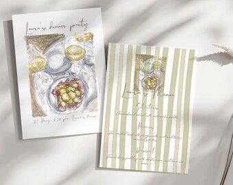 Puede incluir: Dos invitaciones de acuarela para una cena. Una presenta una mesa con comida y bebidas, la otra tiene un fondo a rayas con el menú. El texto de las invitaciones dice "Laura's dinner party" y "Laura's Menu".