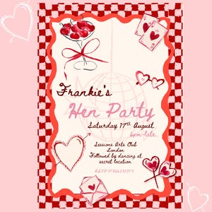 Puede incluir: Ilustraci&oacute;n rosa y roja de una invitaci&oacute;n para una despedida de soltera. La invitaci&oacute;n incluye corazones, cerezas, naipes y el texto "Frankie's Hen Party", la fecha del 17 de agosto y otros detalles.