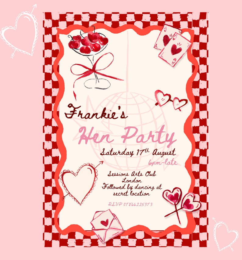 Puede incluir: Ilustraci&oacute;n rosa y roja de una invitaci&oacute;n para una despedida de soltera. La invitaci&oacute;n incluye corazones, cerezas, naipes y el texto "Frankie's Hen Party", la fecha del 17 de agosto y otros detalles.