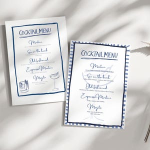 Lot de menus numériques personnalisables pour cocktails - Peints à la main à l'encre bleue | Modifiable sur Canvas | Parfait pour les mariages, les fêtes, les événements