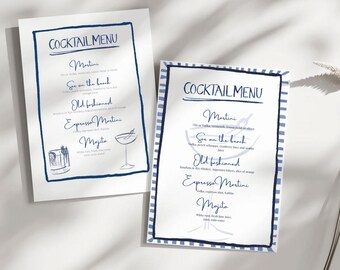 Puede incluir: Dos tarjetas de menú de cócteles con borde azul y texto. El texto incluye "COCKTAIL MENU", "Martini", "See on the beach", "Old fashioned", "Expresso Martini" y "Mojito". Los menús tienen ilustraciones de cócteles.