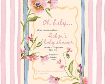 Puede incluir: Una invitación a un baby shower con un diseño floral. La invitación es para el baby shower de Robyn y está programada para el sábado 20 de septiembre de 12:00 pm a 5:00 pm en The Bull Inn en Londres, E5 3SH. Por favor, confirma tu asistencia a indijas en el 07861558123 antes del 1 de septiembre.