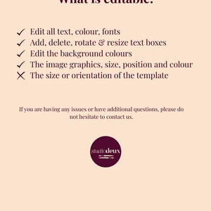Puede incluir: Gr&aacute;fico color melocot&oacute;n con el texto "What is editable:" y una lista de elementos editables: texto, colores, fuentes y gr&aacute;ficos de imagen. Tambi&eacute;n incluye el logo de studio deux.