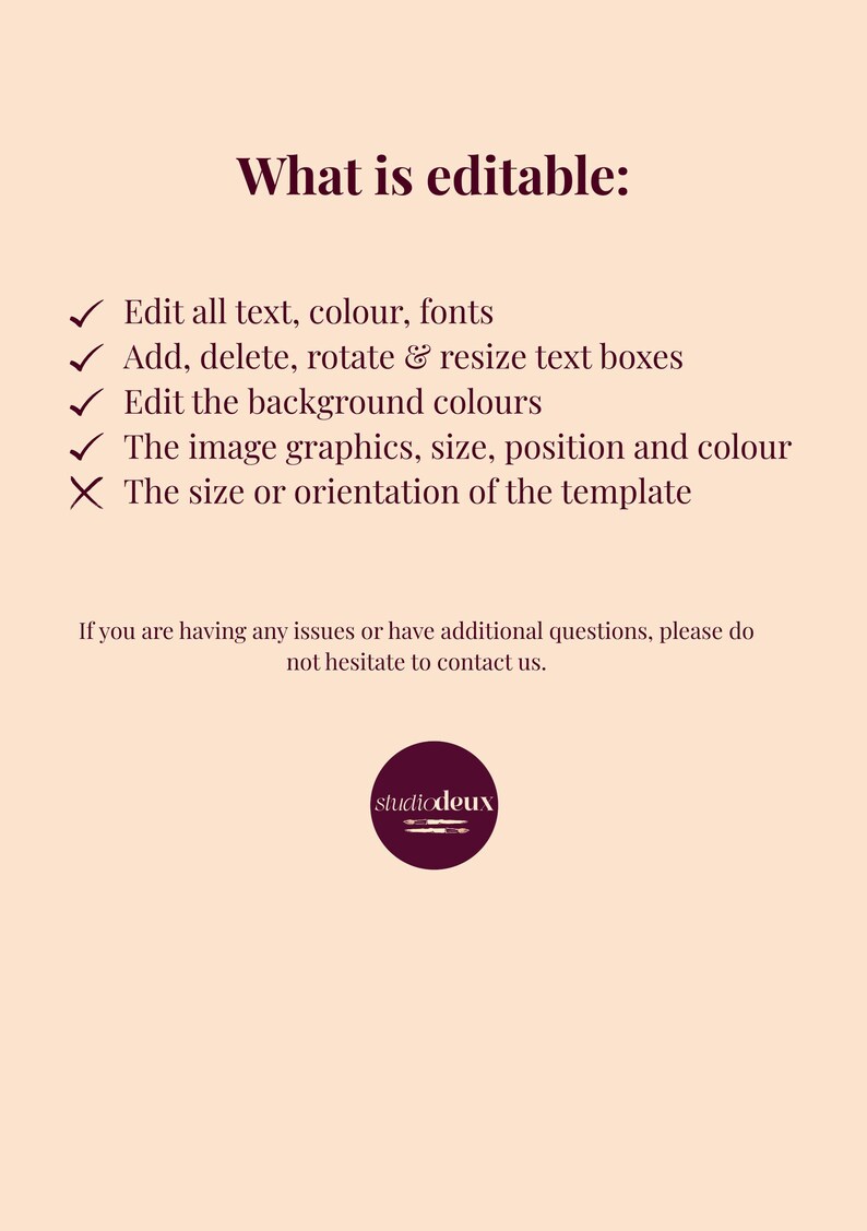 Puede incluir: Gr&aacute;fico color melocot&oacute;n con el texto "What is editable:" y una lista de elementos editables: texto, colores, fuentes y gr&aacute;ficos de imagen. Tambi&eacute;n incluye el logo de studio deux.