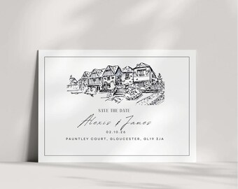 Puede incluir: Un boceto en blanco y negro de casas en una tarjeta blanca. El texto "Save the Date" está sobre los nombres "Alexis & James" y la fecha "02.10.26". Debajo está la dirección "Pauntley Court, Gloucester, GL19 3JA".