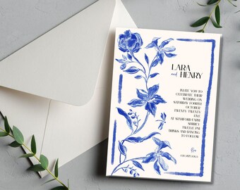 Puede incluir: Invitación de boda con diseño floral azul y detalles del evento. Se muestran los nombres "Lara y Henry". Un sobre es visible en el fondo.