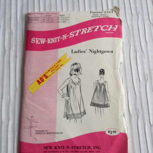 Ladies Nightgown sewing pattern.    Size S, M, L.   Vintage 1960. No. 214.  Kerstin Martensson.