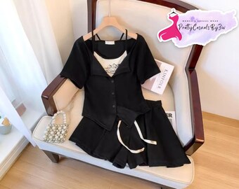 Women's Summer Outfit | Short Sleeve Button Top | Comfy Drawstring Shorts | Chic Cozy Casual Daywear | Two-Piece Lounge Set