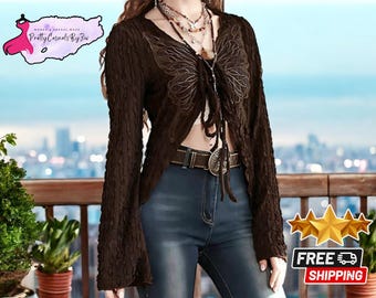 Top cardigan in rete da donna / T-shirt vintage boho trasparente / Copricostume corto a maniche lunghe / Outfit per la festa di primavera ispirato a Coquette