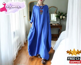 Women's Linen Maxi Dress | Long-Sleeve Cotton Oversized Kaftan | Loose-Fit Relaxed Clothing | Lightweight Everyday Outfit