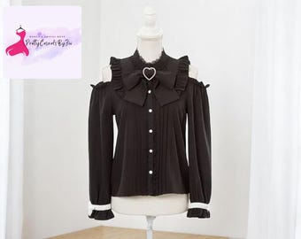 Cold Shoulder Ruffle Blouse | Long Sleeve Button Top | Bow Tie Collar Shirt | Lace Trim Cute Fashion | Soft Elegant Style