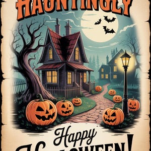 Pode incluir: Cartaz vintage de Halloween com uma casa assombrada, abóboras esculpidas e morcegos sob a lua cheia. O texto diz "Have a Hauntingly Happy Halloween!" em laranja e preto, sobre um fundo bege.