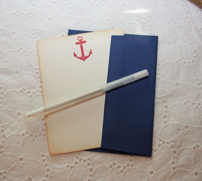 Navy Nautical Stationery Set of 6 cards and envelopes Masculine Stationery Red Anchor Nautical Stationery