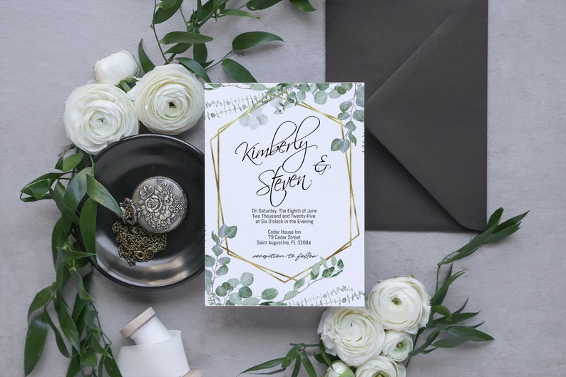 Greenery Wedding Invitations Template, Eucalyptus Wedding Invite, Boho Wedding Invite, Instant Download image 1