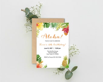 Aloha Luau Birthday Invitation Template, Shower Invite, Beach Invite, Luau Birthday Invite, Instant Download