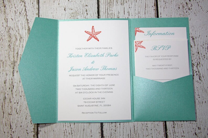 Teal Pocketfold Wedding Invitations Beach Wedding Etsy