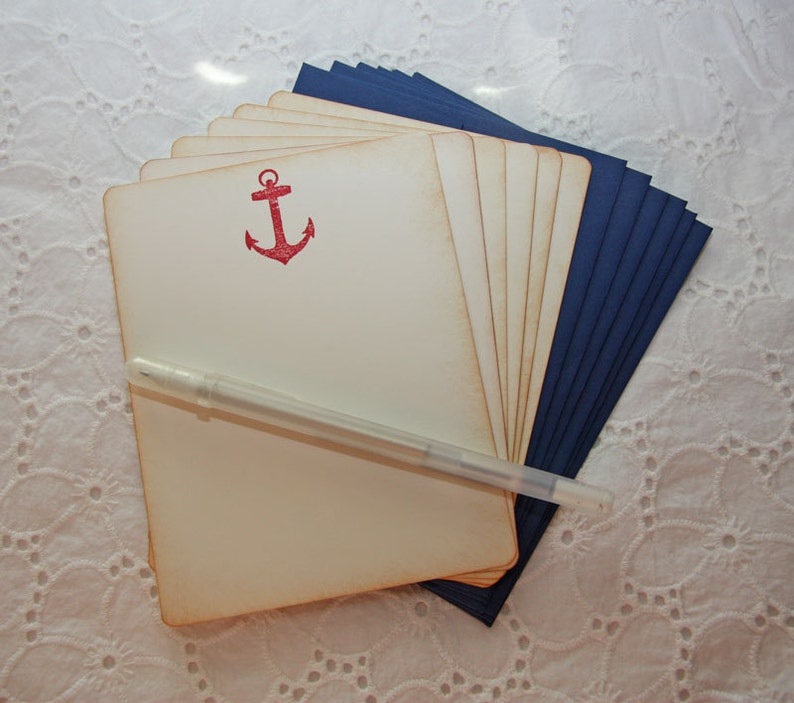 Navy Nautical Stationery Set of 6 cards and envelopes Masculine Stationery Red Anchor Nautical Stationery