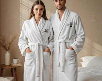 Albornoces de lujo bordados para pareja, conjunto de bata de algodón de rizo a juego, regalo de compromiso y boda.