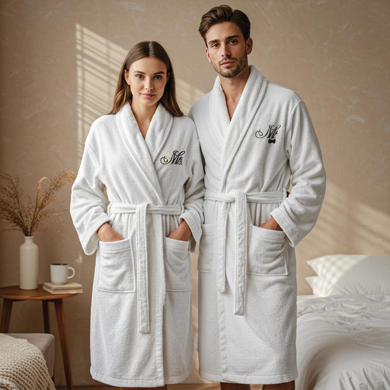 Bed 2 Robe Luxury Mr and Mrs Embroidered Couple Bathrobes – Matching Terry Cotton ...