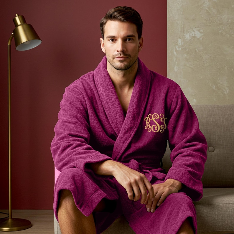 Personalised Custom Embroidered Initial 100% Cotton Terry Bathrobe with Vine Monogram – Spa Hotel Quality Soft Unisex Dressing Gown image 2