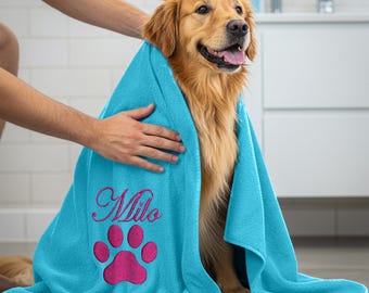 Toalla personalizada para mascotas: toalla para perros con nombre y huella de pata bordados, suave y absorbente, ideal para secar perros, gatos y otras mascotas.