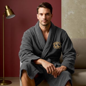 Personalised Custom Embroidered Initial 100% Cotton Terry Bathrobe with Vine Monogram – Spa Hotel Quality Soft Unisex Dressing Gown image 1