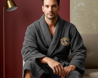 Accappatoio in spugna di cotone 100% personalizzato con iniziale ricamata e monogramma a forma di vite - Accappatoio unisex morbido di qualità da hotel spa