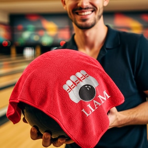 Personalisiertes Bowlingtuch - Individuell gesticktes Name & Bowlingkugel-Design - Geschenk für Bowler und Bowling-Teamspieler