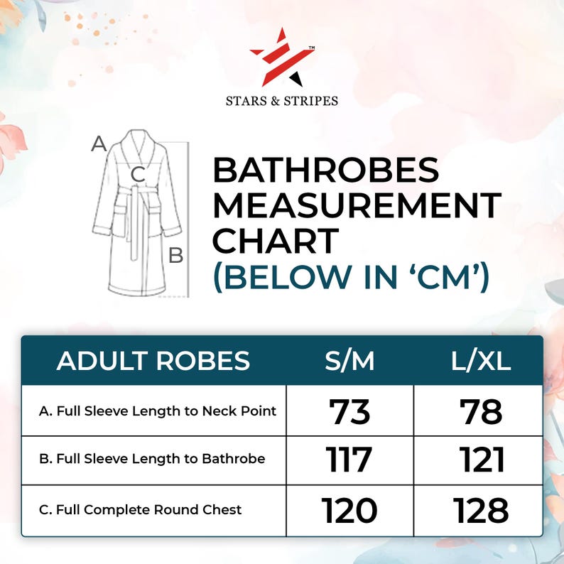 bathrobe measurement chart for the shawl collar robes and hooded bathrobes in cotton terry towel fabric
