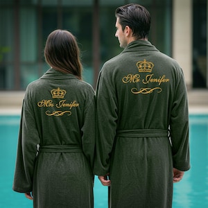 Mr & Mrs Custom Two Sets Bathrobes Set – Personalized Embroidered Names with Curly Crown Font Design on Back 100% Terry Cotton Robes