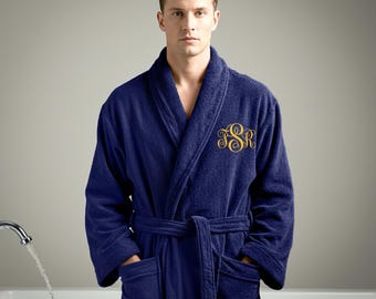 Accappatoio in velluto di cotone blu navy - Pigiama da hotel spa di lusso e morbido, unisex, monogramma personalizzato ricamato, vestaglia personalizzata.