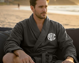 Personalised 100% Cotton Terry Towel Bathrobe – Custom Embroidered Scallop Monogram Initials – Soft, Spa-Quality Dressing Gown