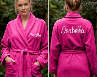 Personalised Front & Back Name Terry Cotton Bathrobe – Custom Embroidered Text Monogram Design Dressing Gown- Unisex Spa Robe