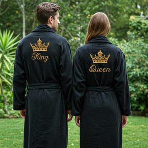King and Queen Two Sets Bathrobes Set – 100% Cotton Terry Crown Embroidery Design Robes – Wedding & Honeymoon Gift for Couples