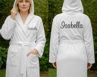 Personalised Front & Back Name Hooded Terry Towel Bathrobe – Custom Embroidered Text Design – His and Hers Dressing Gown